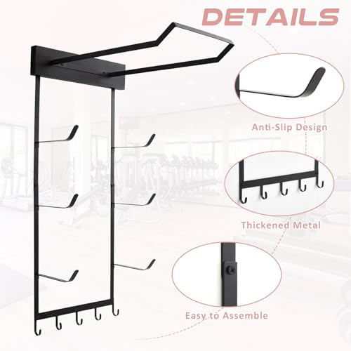 Image of Geelin Yoga Mat and Ball Holder Wall Mount, 4-Tier Yoga Mat & Ball Storage Rack, Home Gym Organizer, Black Metal Floating Shelf for Hanging Foam Rollers & Resistance Bands (5 Hooks Style,Black)