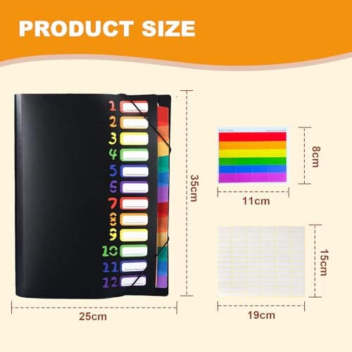 Dokumentenmappe A4, Mappe mit 12 Fächern, Dokumenten Organizer mit Beschreibbare Etiketten, Dokumentenmappe mit Gummiband, Postmappe, für Schule, Zuhause, Auf Bürobedarf