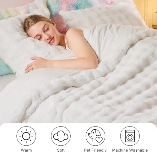 Image of EMME Faux Fur Duvet Cover King Size, 3 Pieces Ultra Soft Fluffy Comforter Cover, Cozy Warm for Winter, Luxury Elegant Shaggy Bubble Design Bedding, 1 Duvet Cover & 2 Pillow Shams (King, White)