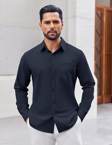 COOFANDY Shirts for Men Long Sleeve Dress Shirt Casual Untucked Shirts for Men with Pocket Navy Blue - Image 2