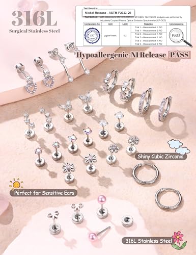 LOLIAS Hypoallergenic Flat Back Earrings for Women Girls-Surgical Stainless Steel Earrings for Sensitive Ears-Cute Flatback Stud Earring Set Small Hoops Cartilage Earring Stacks Silver Colorful CZ Age Over 4 Years Old - Thumbnail 4