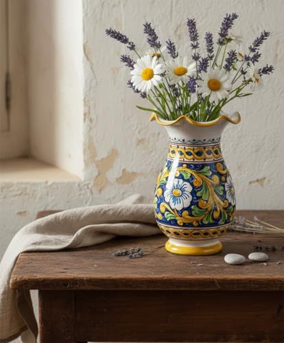 Vase en céramique sicilienne bleu jaune rouge décoré main baroque