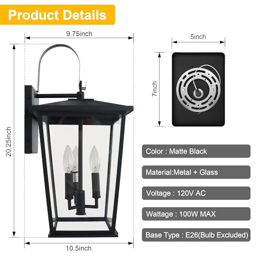 Image of Kalium Modern Outdoor Wall Sconce Fixture 20 1 /2 inch, Matte Black, 3-Light Exterior Wall Mount Lighting with Clear Glass Panels for House Porch Patio Outside Deck Garage Yard Front Door Garden Home