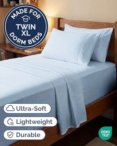 Image of Extra Deep Twin XL Sheet Set - 4 Piece Breathable Cooling Sheets - Sky Blue | Hotel Luxury Bed Sheets Set, Easy & Secure Fit, Ultra-Soft, Wrinkle & Fade Free, Comfy Sheets Set with Extra Deep Pockets