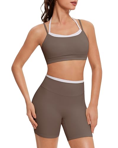 OMKAGI Workout Sets for Women Cute Doubel Layer Open Back