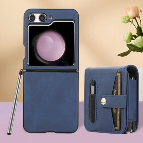 Étui en cuir PU bleu pour Samsung Z Flip 5 finition premium avec stylet et porte-cartes