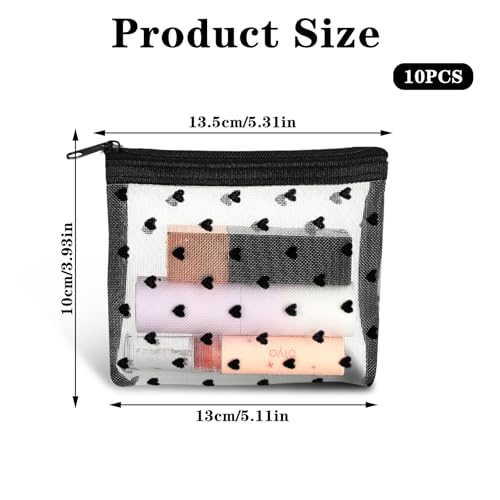 10pcs Mini Mesh Makeup Bags Zipper, Heart Print Cosmetic Bags 3D Heart-shaped Storage Pouch Small Nylon Organizer Purse Bag for Women Lipstick Travel Home Offices Toiletry(Beige)3