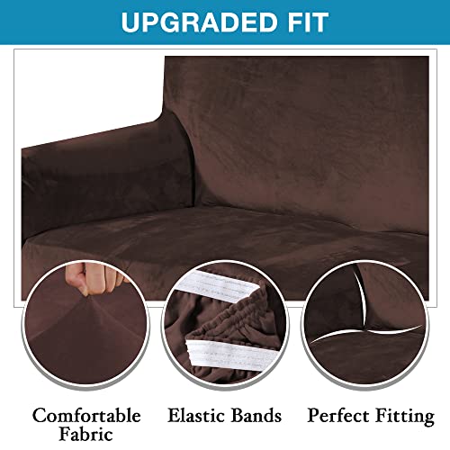 Velvet Stretch Sofa Covers Loveseat Couch Covers For 2 Cushion Couch Loveseat Covers For Living Room, Loveseat Slipcovers Pets Friendly, Thick Soft Washable, Secure With Strap (58"-72, Brown) #TOP2