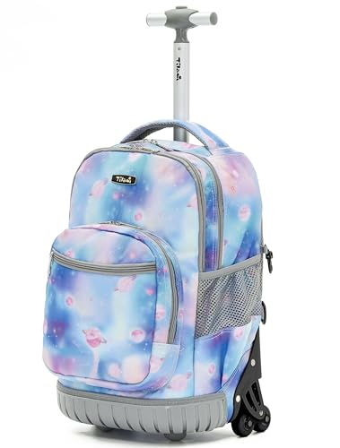 NEW TILAMI Roller Backpacks for Girls, Adjustable Laptop Rolling Backpack with Wheels for Girls to School Travel Camping Boys Rolling Backpack Purple Star 18 Inches