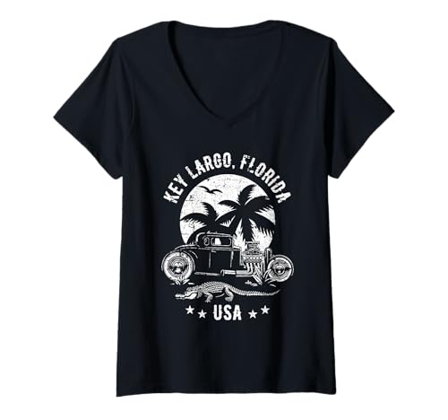 Womens Key Largo Florida Sunset Hotrod Distressed Design V-Neck T-Shirt