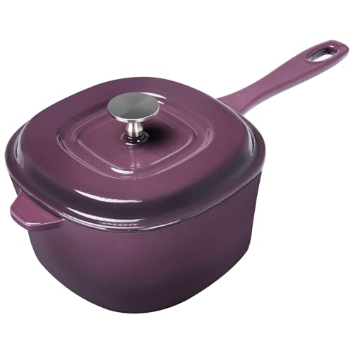 Flavehc Sartén de hierro fundido esmaltado magenta con tapa, 2 cuartos de galón, apta para horno