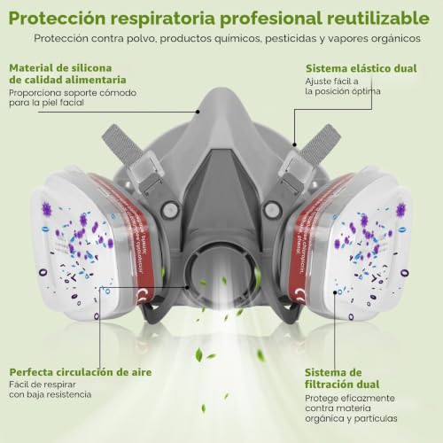 Miniatura 3 de Yomkilu Mascara De Proteccion Reutilizables, Respirador Mascarilla Pintura Con 2 Filtros, 22 Filtro De Algodón Y 1 Gafas De Proteccion, Protectoras Respirador Mascarilla Para Pintar, Lijado