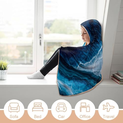 Couverture à capuche portable peluche marbrée bleue, cadeau idéal