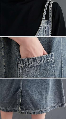 Image of ebossy Women's Sleeveless V Neck Denim Overall Jumper Dress Casual Loose Double Spaghetti Straps Midi Jean Dress