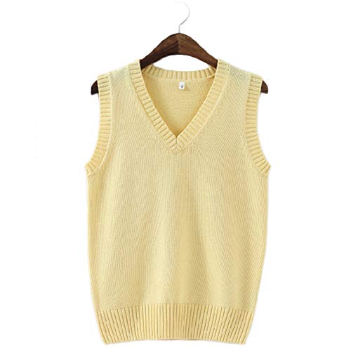 Men Women Knitted Cotton V-Neck Vest JK Uniform Pullover Sleeveless Sweater School Cosplay Cardigan Solid Yellow M