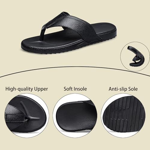 Men's Genuine Leather Round Toe Summer Flat Flip Flops Fashion Lightweight Non-Slip Comfort Slip On Soft Sole Thong Sandals for Pool Casual Beach Slides3
