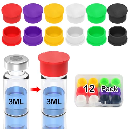 12 Pack 3ml Glass Vials Protective Vial Caps – 6 Assorted Colors, Leak-Proof Dust-Resistant Lids Cover for Flip Off Caps 3ml Vials for Injection, Easy to Clean and Reusable