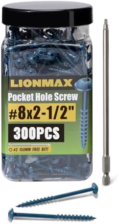 LIONMAX Pocket Hole Screws #8 x 2-1/2 Inch, 300PCS Blue Coated, Square Drive, Washer Head, Coarse Thread, Exterior, 150MM Drive Bit Included
