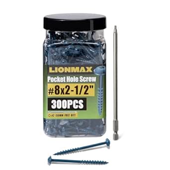 LIONMAX 2-1/2 Inch Pocket Hole Screws, 300 PCS, Blue Coated, Weather Resistant, #8 with Square Drive and Washer Head