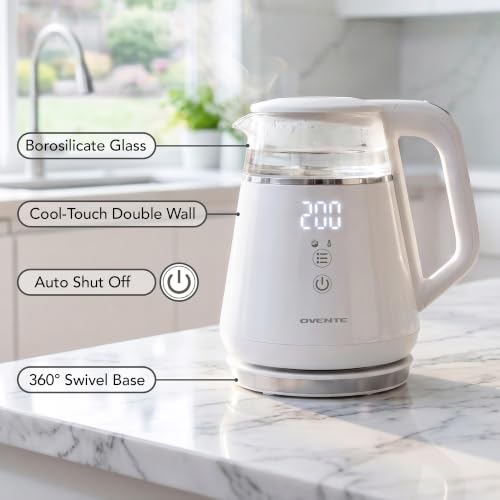 Image of OVENTE 1L Electric Kettle with Temperature Control, 1500W, White KD95W | Water Boiler With Digital Display, 5Hr Keep Warm, Auto Shut-Off, Double-Wall Cool-Touch Exterior, BPA-Free Borosilicate Glass