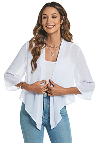 Famrrifuu Damen Bolero Chiffon Schulterjacke 3/4 Ärmel Elegant Kurze Cardigan Leichte Dünn Bolerojacke Casual,Weiß,L