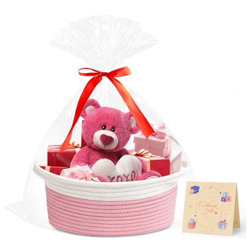 Yeeeasy Small Woven Basket with Gift Bags and Ribbons Cute Baskets for Gifts Empty 12"x8"x5" Small Rope Toy Basket for Babies Baskets for Storage, White & Pink
