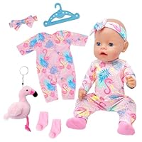 5 Pcs Flamingo Baby Doll Clothes for 14–18 Inch / 35–45 cm Dolls, Doll Romper Outfit with Headband, Flamingo Pendant, Blue Hanger & Socks, Nylon Doll Clothes Set, Doll Gift for Girls