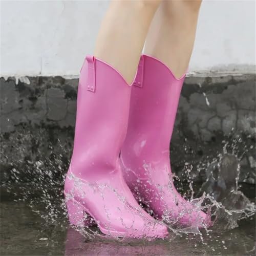 Women's Waterproof Mid Calf Botas Kitchen Work Shoes Cowboy Booties Chunky High Heels Rain Boots4