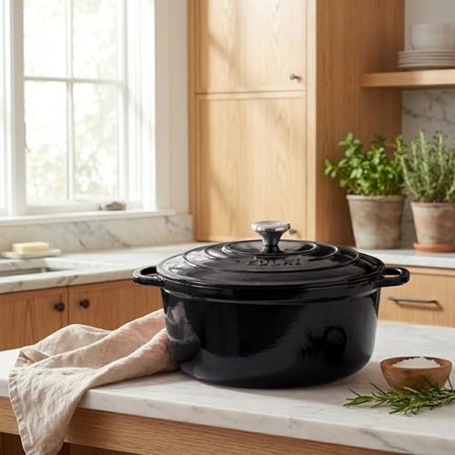 Image of Zulay Kitchen 7.7 Quart Enameled Cast Iron Dutch Oven Pot with Lid - Premium Durability & Oven Safe up to 500F - Heavy Duty Cookware Perfect for Bread Baking, Stews, Braising & Roasting - Black