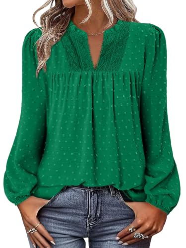 BETTE BOUTIK Women Boho Long Sleeve Shirts Dressy Casual V Neck Fall Fashion Tops Swiss Dot Flowy Blouses