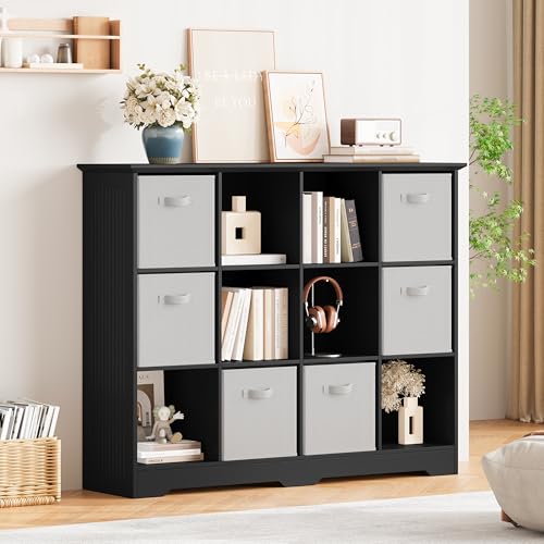 Image of 12 Cube Storage Organizer Shelf, Wood Cubby Storage with 6 Fabric Drawers, 3 Tier Wooden Bookshelf with 2 Adjustable Shelves & Fluted Side Panels for Bedroom, Living Room, Home Office, Black