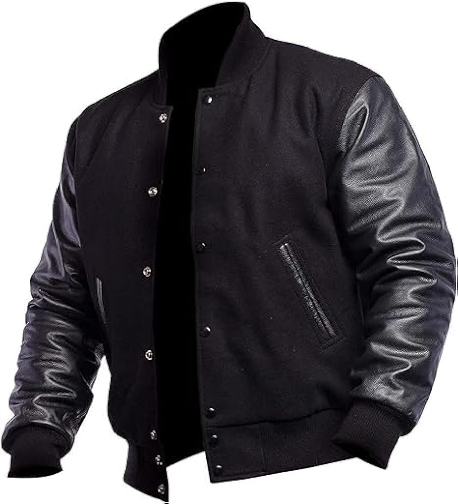 Men's Varsity Jacket, Wool Blend with Leather Sleeves