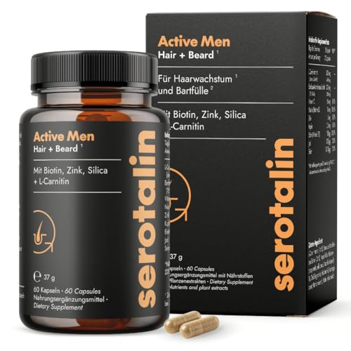 serotalin ACTIVE MEN Hair + Beard | Haar Vitamine für Männer | Biotin hochdosiert mit L-Carnitin & Zink | Selen, Niacin, Silica & Vitamin C | 100% Vegan & Made in Germany | 60 Kapseln
