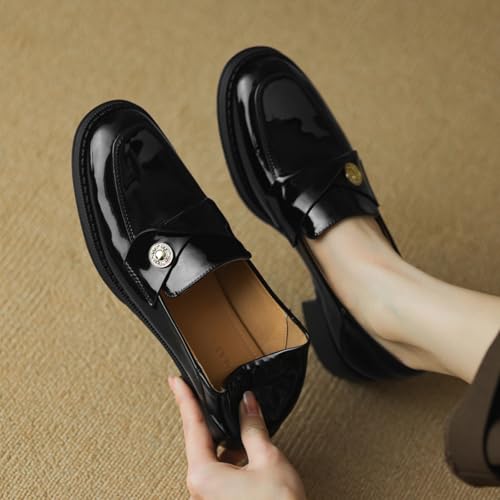 Image of Genuine Leather Womens Loafers - Black Closed Round Toe Slip-on Penny Loafers for Women, Comfortable Business Casual Dress Leather Shoes