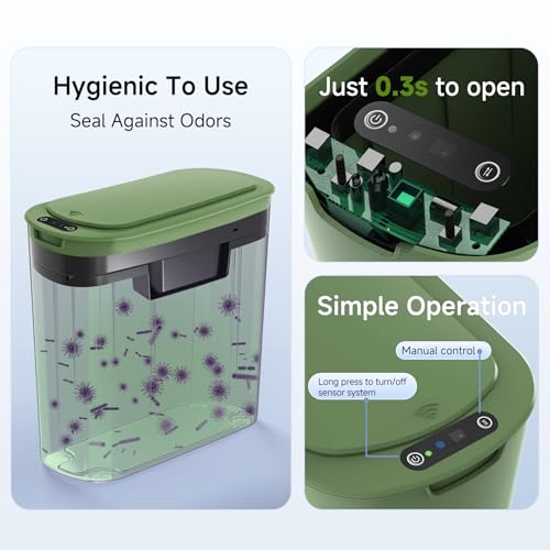 Image of TIPGO 5 Gallon Motion Senor Bathroom Trash Can with Lid, Automatic Garbage Can Touchless, Smart Plastic Waste Basket for Narrow Spaces, Bathroom, Office, Bedroom, Living Room (Green)
