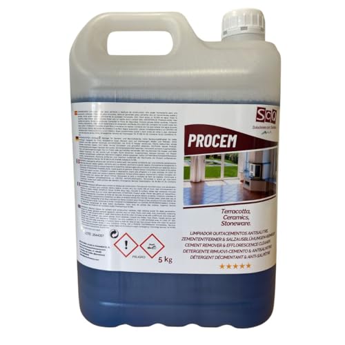 Limpiador de cementos, yeso, salitre. Antisalitre Limpiador de restos de Obra Suelos y fachadas. Quitacementos fin de obra. Desincrustante acido para eliminar cemento PROCEM x 5 kl