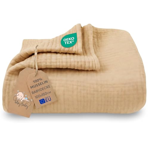 Totsy Baby Manta Muselina bebé algodón 100 x 150 cm - Plaid Gasa Suave Muslin cobija niño Delgada arrullo sábana muselinas mantita Ligera recién Nacido Tejido Transpirable para niños Oeko-Tex Beige