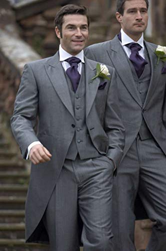 Men's Solid Wedding Dress Suit Set Morning Suits Grooms Gray Slim Fit Wedding Tuxedos Tailcoat Vest Pants2