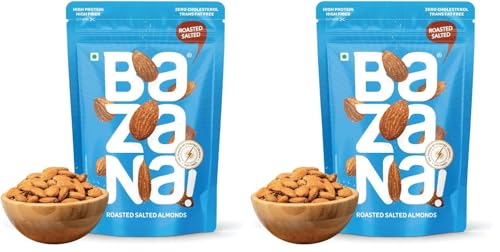 Image of Bazana - Roasted Salted Almonds | 100% California Badam | Zero Oil | High in Protein & Fiber | Immunity Booster | Healthy Snack | Versatile Ingredient | Nutrient-Dense, 190g Pack (Pack of 2)
