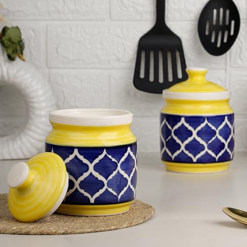Image of The Earth Store Yellow Blue Moroccan Ceramic Jar with Wooden Tray | 600ml Each | Pickle Jar | Kitchen Storage Container Set for Pickle, Cookies, Sugar, Tea, Coffee - 2 Jars & 1 Tray Combo Set