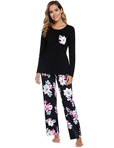 Aibrou Womens Pajamas Set Long Sleeve Sleepwear Soft Pj Lounge Sets -Pajamas for Women Black Red