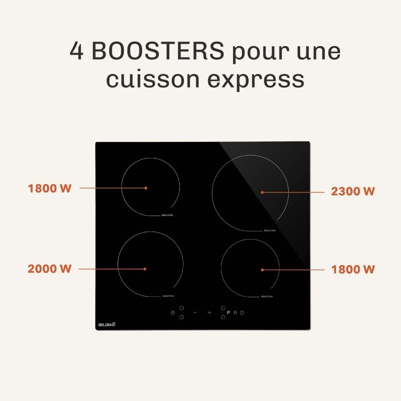 Tavolo Induzione BELDEKO (vetro nero, 4 caminetti - 7500 W - tasti touch)