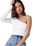 Floerns Women's Causal One Shoulder Long Sleeve Rib Knit T-Shirts Tee Tops White M