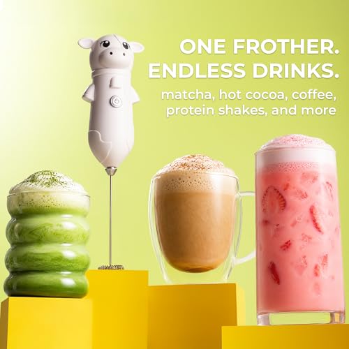 Image of Zulay Kitchen Cow Milk Frother Wand - Cutesy Frother, Meet Your New Frothing Buddy Daisy The Cow, Adoption Papers and Stickers Included, Purrr-fect for Lattes, Cappuccino & Matcha - White