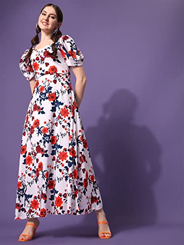 Image of Sheetal Associates Women's Puff Sleeve V-Neck Floral Printed Fit & Flare Casual Maxi Dress