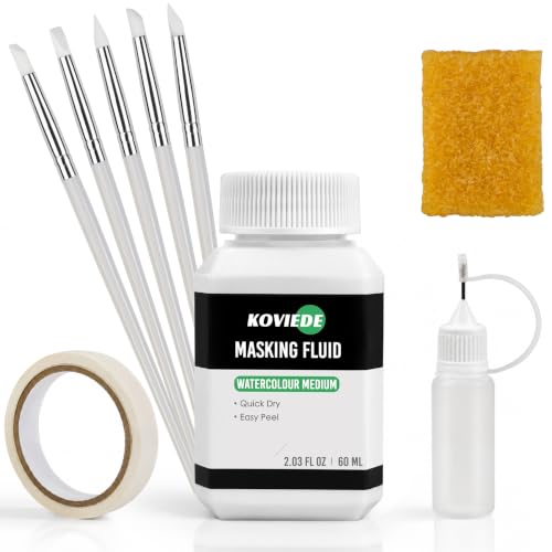 KOVIEDE 2.03 fl oz (60ml) Bleed-Proof Masking Fluid for Watercolor Painting, Easy Peel & Quick-Drying, Includes 10ml Refillable Bottle, 5 Silicone Brushes, Eraser & Masking Tape
