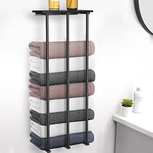Towel Racks for Bathroom Wall Mounted, MOOACE 3 Bar Adhesive Rolled Towel Storage Holders with Wood Top and 6 Hooks,Metal Bathroom Organizer for Folded Large Towel – Black