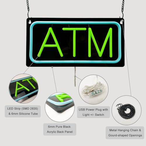 Image of ATM Neon Sign, Small Size, 12 inchx6 inch, USB Powered, 9 Levels of Brightness, Signboards for Convenience Store, Gas Station, Liquor Shop, Mini Market, Wall Window Decor for Storefront (Green, Black Acrylic)