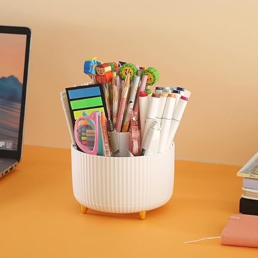 JAMBUVANTI Desktop Supplies Organizer And Accessories, 360 Degree Rotating Desk Organizers with 5 Slots holders for Papler clips, Smooth Rotating Pen Holder for Home, Office, School.1Pcs (WHITE)