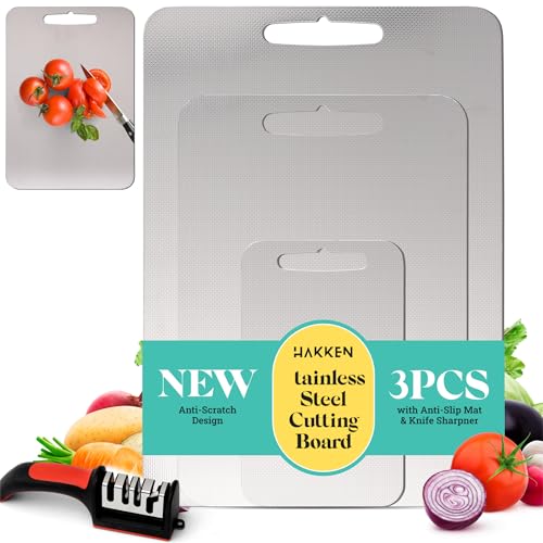 Stainless Steel Cutting Board 3-Pack – Hygienic, Scratch-Resistant Chopping Boards for Kitchen with Anti-Slip Mat & Knife Sharpener, Easy-Clean 304 Steel Design | HAKKEN